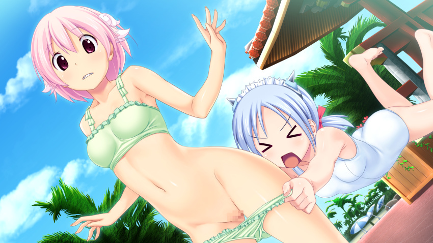 2girls blue_hair brown_eyes censored clean_one_(tropical_vacation) game_cg koutaro navel panties panty_pull pink_eyes pink_hair pussy takara_ichiko tropical_vacation twinkle underwear