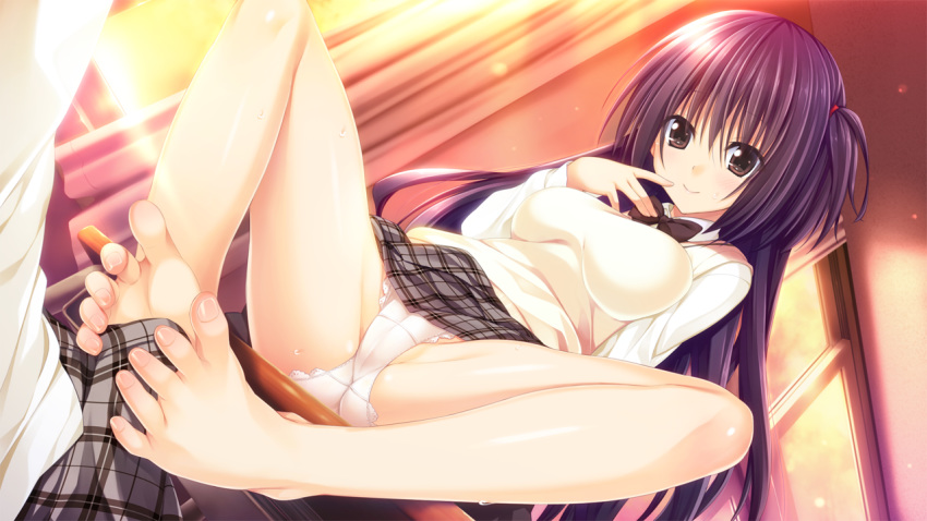 1boy 1girls asagiri_nozomi bare_legs barefoot big_breasts black_hair breasts bulge cameltoe clothed_female clothing feet female footjob footjob_over_clothes game_cg hibiki_works large_breasts long_hair male oryou panties pantyshot pantyshot_(sitting) plaid_skirt pretty_x_cation purple_hair seifuku skirt spread_legs sweat toes very_long_hair white_panties