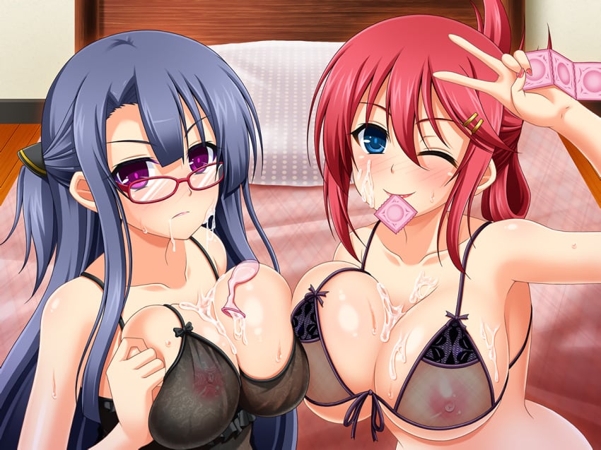 2girls blue_eyes blue_hair blush bra breasts condom cum female glasses mirisha multiple_girls nipples original purple_eyes red_hair see-through see-through_bra underwear wink