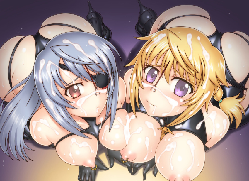 all_fours ass blonde_hair blush bondage breasts charlotte_dunois cum cum_on_body cum_on_breasts cum_on_face cum_on_hair eye_patch gloves high_heels infinite_stratos large_breasts laura_bodewig long_hair looking_at_viewer multiple_subs necklace nipple_piercing nipples nose_hook ponytail purple_eyes red_eyes silver_hair yasuomi