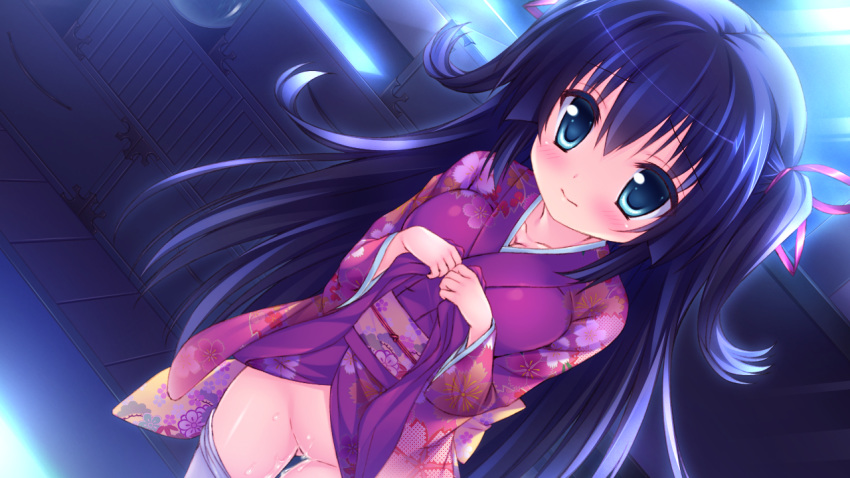 black_hair blue_eyes game_cg japanese_clothes kiryuuin_rindou long_hair momoiro_seiheki_kaihou_sengen! pussy_juice rinka_(yuyutei) softhouse-seal_grandee yukata