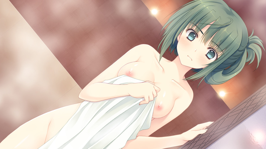 blush breasts game_cg green_eyes green_hair nipples nishimata_aoi nude sugimura_hokuto towel tsuki_ni_yorisou_otome_no_sahou