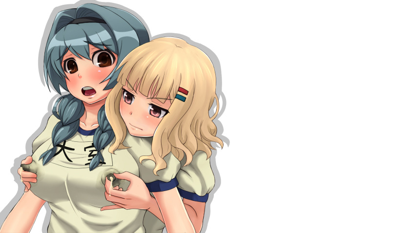 2girls blonde_hair blue_hair blush breasts brown_eyes clothing erect_nipples erect_nipples_under_clothes female female_only furutani_himawari gym_uniform headband japanese_text lactating lactation lactation_through_clothes large_breasts leaking_nipples medium_breasts multiple_girls nipple_bulge nipple_tweak nipples oomuro_sakurako pink_eyes pokies tedain text translated wet white_background yuri yuru_yuri