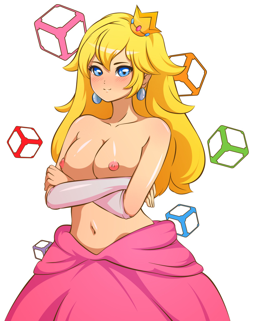 1girls areola blonde_hair blue-senpai blue_eyes blush breasts crossed_arms crown earrings female hourglass_figure looking_at_viewer lynasheet mario_(series) mario_party navel nintendo nipples no_bra princess_peach solo topless