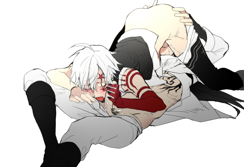 2boys 69 allen_walker anal ass black_hair blush bottomless cadsu cum cum_in_mouth d.gray-man drooling fellatio femboy fingering hair kanda_yuu long_hair male_only multiple_boys oral saliva sex short_hair simple_background tattoo white_hair wince yaoi