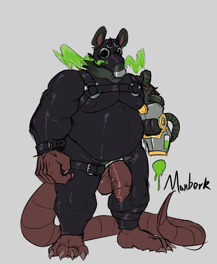 absurd_res accessory belt clothing cock_ring demonrat disability foreskin gas_mask genitals hi_res jewelry latex latex_clothing latex_skinsuit male mammal manberk_(demonrat) mask murid murine overweight penis penis_accessory penis_jewelry rat robotic_arm rodent skinsuit solo tight_clothing tube
