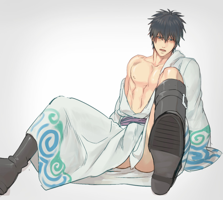 1boy abs black_hair blush boots bulge gintama gintoki_sakata_(cosplay) hijikata_toshiro kimono looking_at_viewer male male_only mozhi muscle off_shoulder pecs sitting solo spread_legs wearing_others_clothes