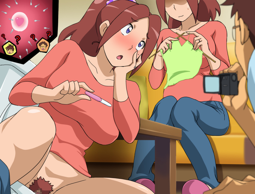 blue_eyes blush brave_beats breasts brown_hair camera censored clothing female female_pubic_hair glasses heart highres huge_breasts husband_and_wife impregnation kazaguruma_fuuka kazaguruma_hibiki legs long_hair long_sleeves looking_up makino_tomoyasu milf mixed_cum_impregnation mole mole_under_eye mosaic_censoring mother_and_son no_panties open_mouth ovum parted_lips ponytail pregnancy_test pregnant pubic_hair pussy shirt sitting sperm_cell table thighs tied_hair toilet unshaved_pussy x-ray