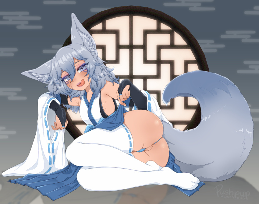 1boy crossdressing facial_markings femboy fox fox_boy fox_ears fox_tail gray_eyes gray_hair japanese_clothes kuromaru_(original_character) licking_lips lifting_shirt long_hair makeup panties pushpup skirt_lift stockings tagme teasing