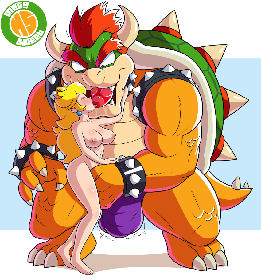 1boy 1girls areola artist_name blonde_hair blue_eyes blush bowser breasts crown extreme_french_kiss feet female full_body horns interspecies kissing long_hair male mario_(series) megasweet nintendo nipples nude princess_peach red_eyes red_hair saliva simple_background spiked_bracelet spiked_collar standing sweat toes tongue