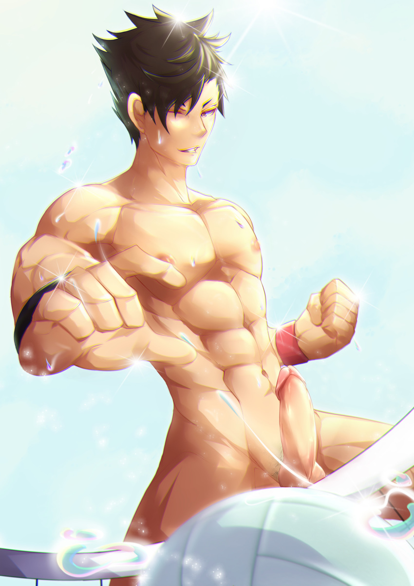 1boy abs black_hair erection fudianshi haikyuu!! highres kuroo_tetsurou male_only net penis purple_eyes solo sweat volleyball volleyball_net wristband