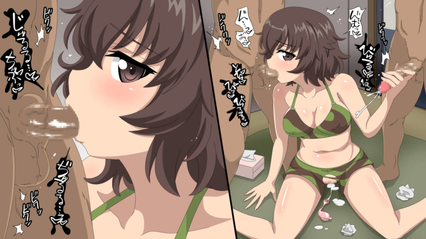 2boys akiyama_yukari breasts brown_hair censored cleavage cum fellatio female girls_und_panzer handjob multiple_boys oral penis shiraha_mato short_hair