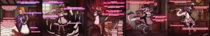 absurd_res anthro anus ass blue_body blue_scales book bottomwear breast_growth breasts chair claws clock clothed clothing clothing_lift corruption dialogue dildo dragon dress dress_lift dressing ear_piercing english_text eyelashes eyewear female footwear frilly frilly_clothing furniture genitals glasses growth hair hi_res high_heels horn horn_jewelry hypnosis hypnotic_eyes identity_change jewelry legwear llyric long_image maid_apron maid_collar maid_headdress maid_uniform mansion memory_loss mind_alteration mind_control mythological_creature mythological_scalie mythology no_underwear non-mammal_breasts non-mammal_hair non_mammal_vulva open_mouth panties pants paper partially_clothed piercing presenting purple_hair raised_clothing saphirathefur scales scalie sex_toy shoes shorts solo stockings sweeping tail text tongue tongue_out torn_bottomwear torn_clothing torn_pants torn_shorts torn_underwear transformation transformation_sequence transformation_through_magic underwear underwear_down uniform vulva wearing_glasses wide_image