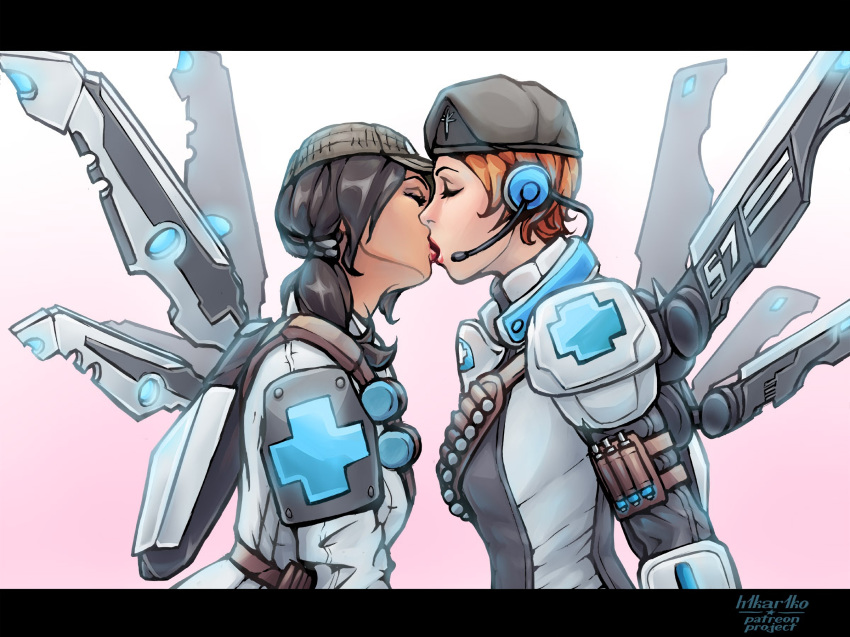 2girls black_hair caira_diaz closed_eyes clothing evolve female h1kar1ko interracial kissing long_hair mechanical_wings military military_hat military_uniform val valerie_wolski yuri