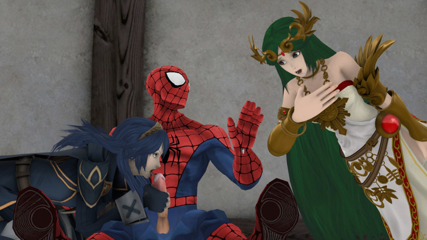 3d blue_hair cowman crossover eastern_and_western_character female fire_emblem fire_emblem_awakening garry's_mod human kid_icarus lucina_(fire_emblem) male marvel palutena peter_parker spider-man spider-man_(series) straight straight_hair threesome