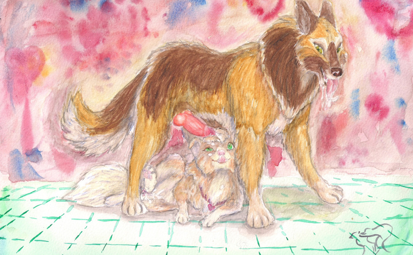 1boy 1girls abstract_background after_oral all_fours animal_genitalia animal_penis animal_pussy beiger canine canine_penis canine_pussy erection female feral flooring furry gift larger_male male mammal oral painting penis pomeranian precum pussy queensmate rika rika_(character) size_difference size_play sketch smaller_female straight tervuren tongue tongue_out traditional_media_(artwork) watercolor_(artwork) watermark