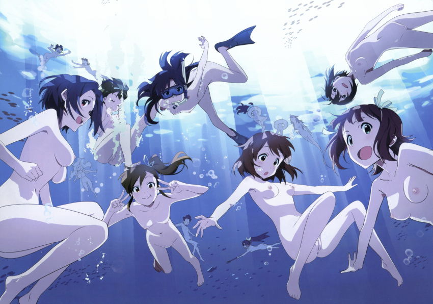 1boy 6+girls ahoge akizuki_ritsuko amami_haruka anus breasts diving diving_mask fish futami_ami futami_mami ganaha_hibiki hagiwara_yukiho hair_ribbon highres hoshii_miki idolmaster innertube kikuchi_makoto kisaragi_chihaya long_hair looking_at_viewer minase_iori miura_azusa multiple_girls nipples nishigori_atsushi nude open_mouth otonashi_kotori penis producer_(idolmaster) pussy sea shijou_takane short_hair side_ponytail small_breasts snorkel spread_legs takatsuki_yayoi uncensored underwater v