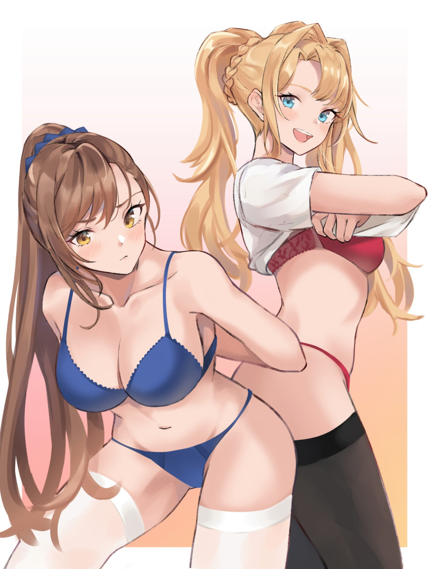 2girls beatrix_(granblue_fantasy) blonde_hair blue_eyes bra brown_eyes brown_hair granblue_fantasy granblue_fantasy_versus multiple_girls panties renzu_(lens_02) shirt thighhighs thighs underwear undressing zeta_(granblue_fantasy)