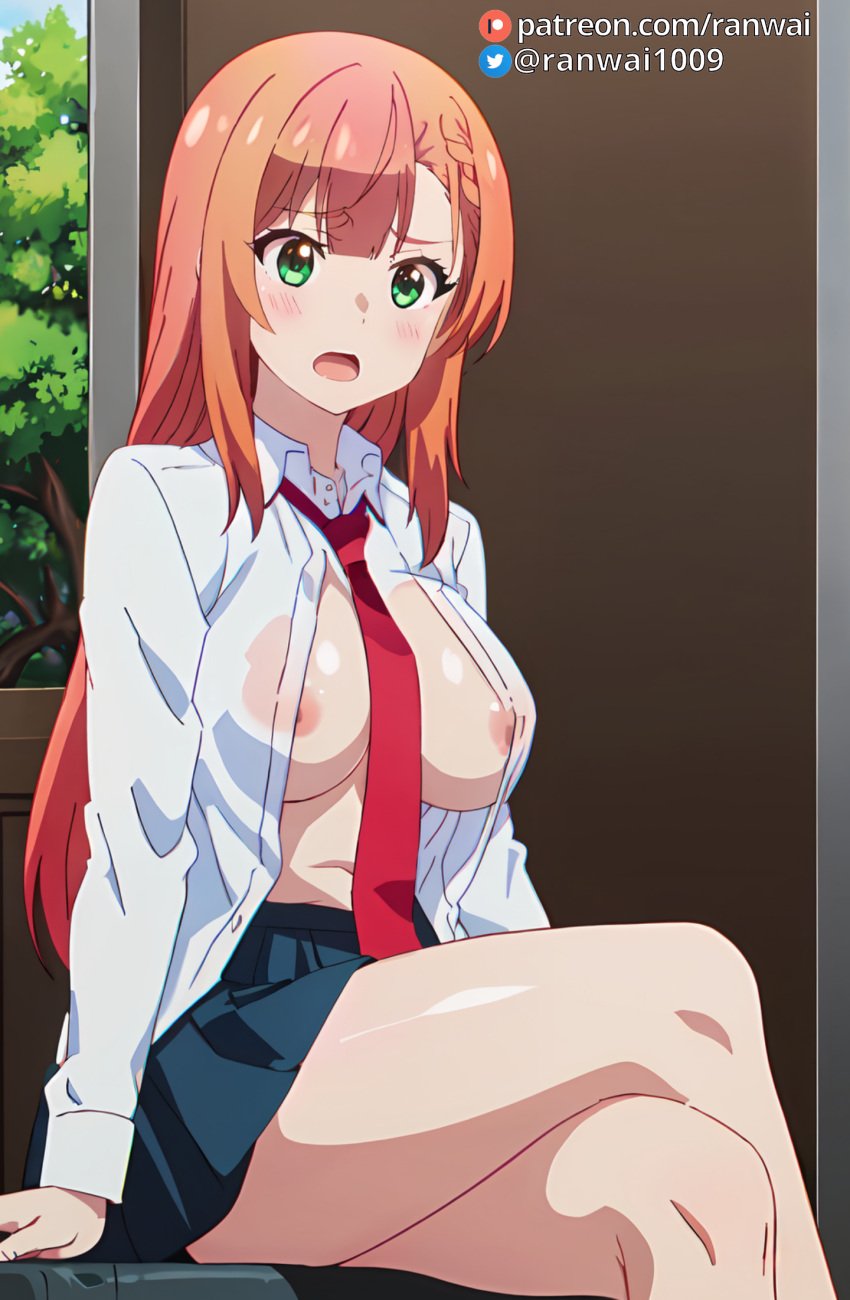 ai_generated anime breasts_out large_breasts natsukawa_aika ranwai sitting stable_diffusion yumemiru_danshi_wa_genjitsushugisha