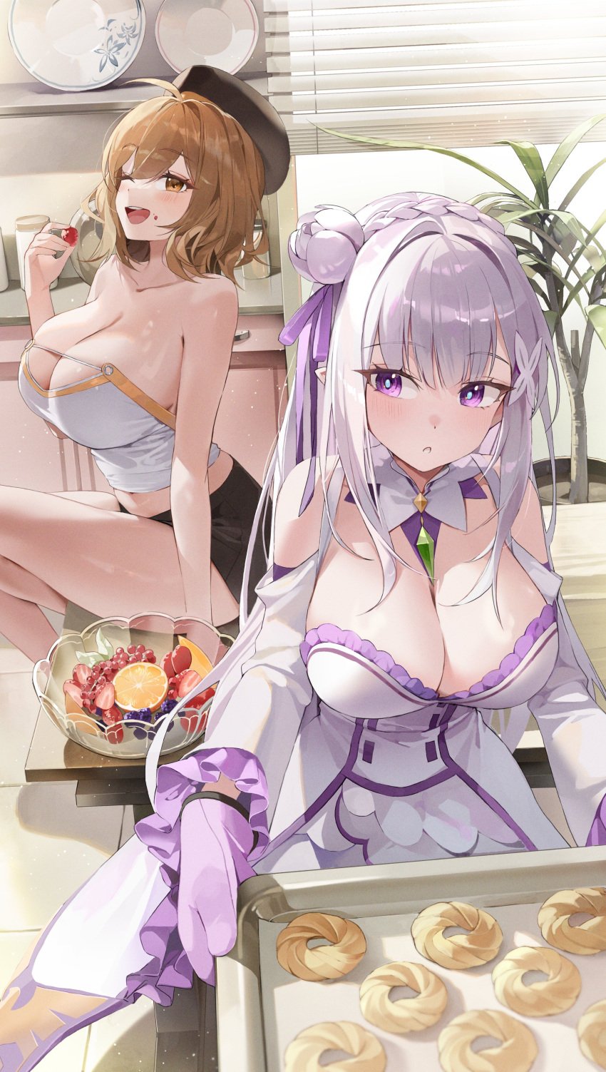 2girls absurdres anis_(nikke) bare_shoulders breasts brown_eyes brown_hair choyeon cleavage dress emilia_(re:zero) food fruit gloves goddess_of_victory:_nikke hair_ornament hat highres holding holding_tray indoors large_breasts long_hair looking_at_viewer multiple_girls purple_eyes re:zero_kara_hajimeru_isekai_seikatsu short_hair shorts smile tray white_dress white_hair