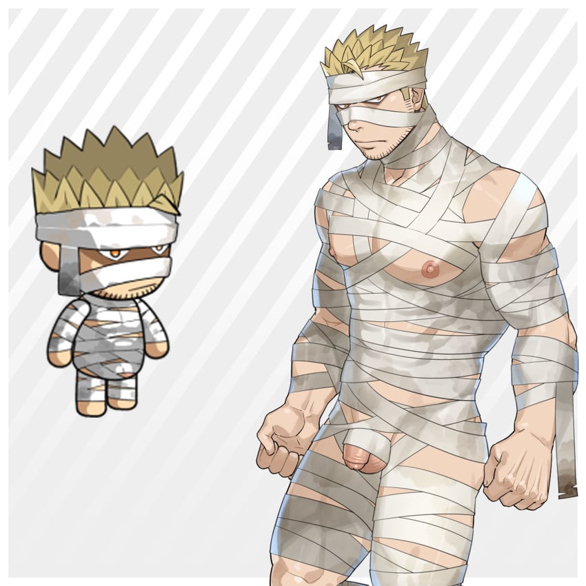 1boy absurdres bandages bara beard_stubble chibi cowboy_shot ero_condo facial_hair flaccid frown highres kienbiu looking_at_viewer male_focus male_only mummy_costume muscular muscular_male naked_bandage nipples official_alternate_costume paid_reward_available pectorals penis punt_(kienbiu) short_hair simple_background solo standing stubble thighs uncensored underpec