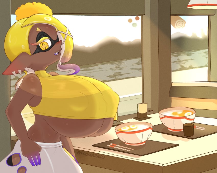 1girls big_breasts breasts dark-skinned_female female_only food fromariels frye_(splatoon) huge_breasts solo splatoon splatoon_3 table tagme thick_thighs voluptuous yellow_eyes