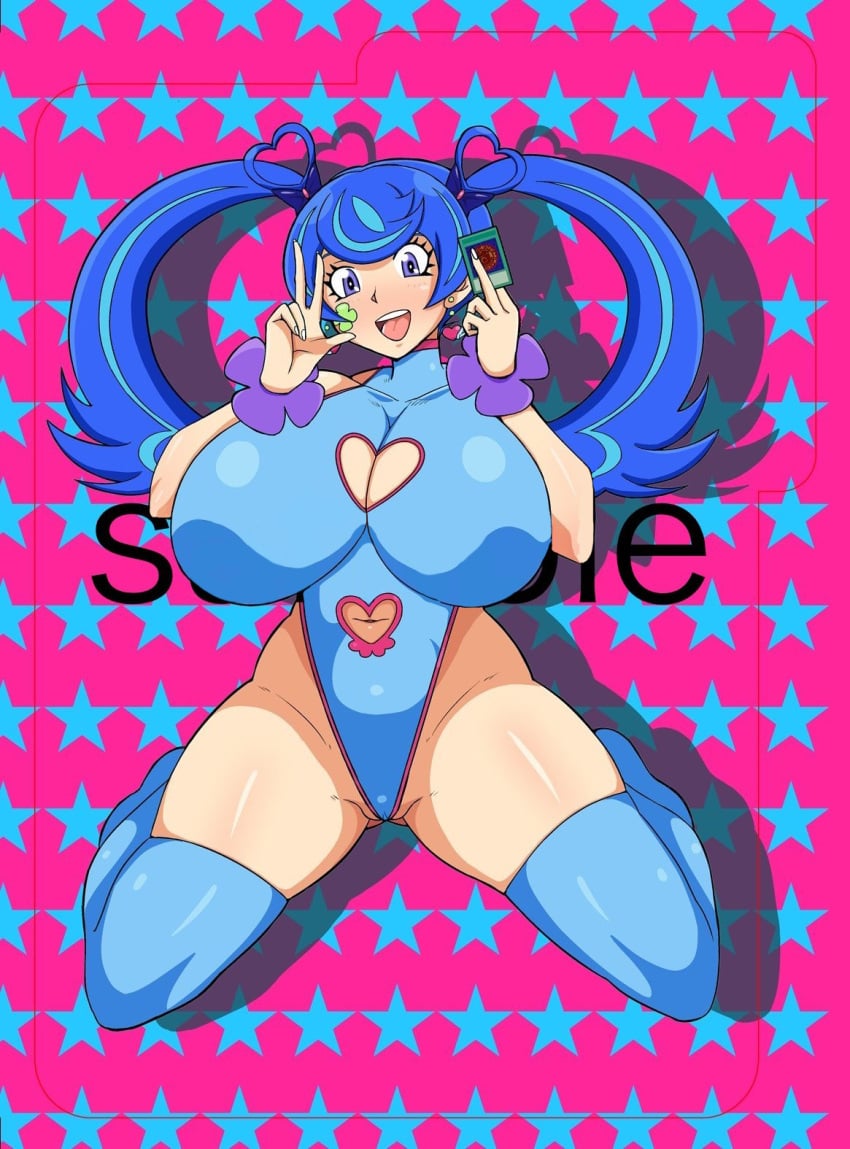 1girls blue_angel blue_hair blush card earrings edit female gorousanndesu heart huge_breasts latex legwear looking_at_viewer navel solo twintails voluptuous yu-gi-oh! yu-gi-oh!_vrains zaizen_aoi