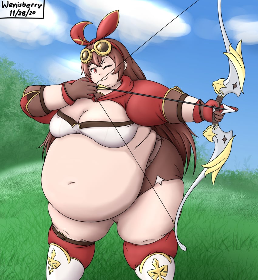 aiming amber_(genshin_impact) arrow_(weapon) belly belly_button big_belly bow_(weapon) breasts brown_hair chubby chubby_belly chubby_female exposed_fat_belly fat fat_woman female female_only genshin_impact gloves goggles goggles_on_head grass grass_field hoyoverse mihoyo morbidly_obese morbidly_obese_female obese obese_female overweight overweight_female posing red_eyes ribbon sky solo solo_female solo_focus standing thick_thighs thighs