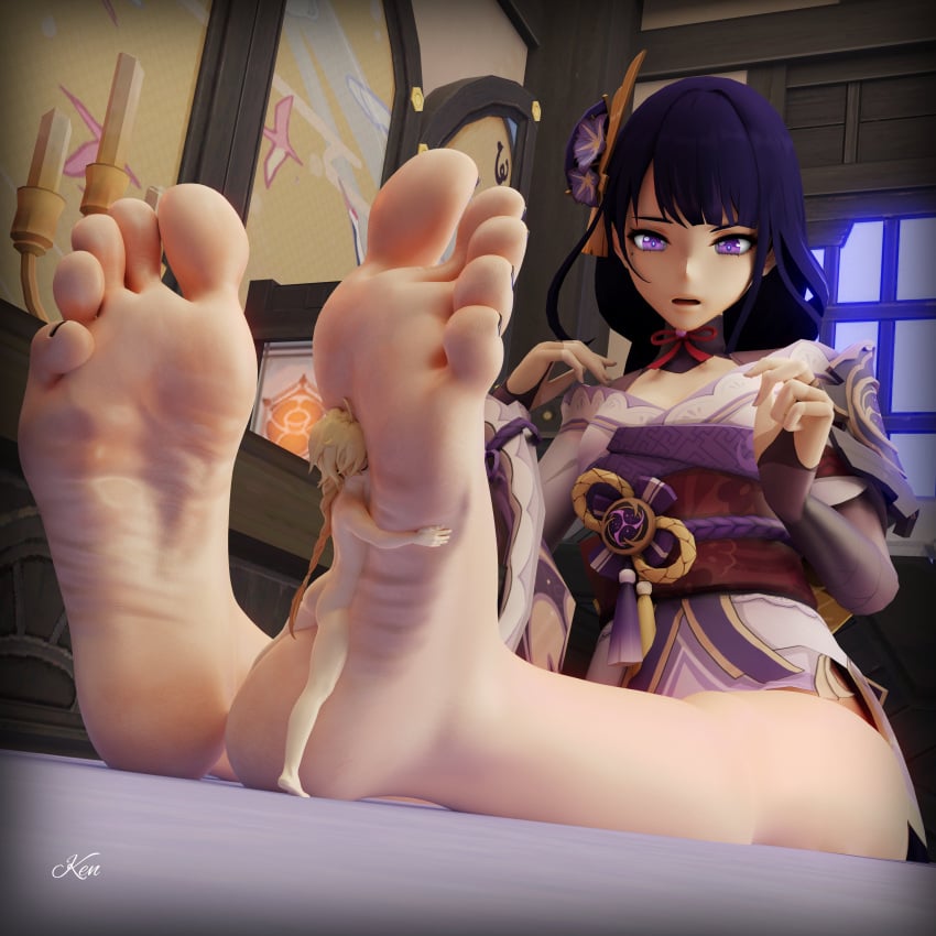 1boy 1girls aether_(genshin_impact) black_toenails feet foot_fetish foot_worship genshin_impact giantess kenaga macro macro_female micro micro_male miniboy purple_eyes purple_hair raiden_shogun soles toes wrinkled_feet