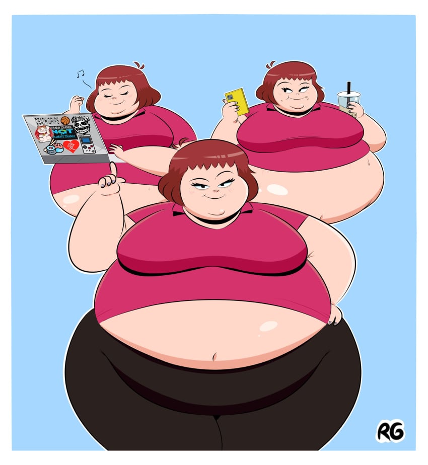 1girls 2023 a-randomguy99 bbw big_belly black_pants boba_tea double_chin fat female fully_clothed gorillaz holding_object holding_phone laptop leggings listening_to_music noodle_(cracker_island) noodle_(gorillaz) obese_female overweight overweight_female phone pink_hair pink_shirt solo t-shirt weight_gain