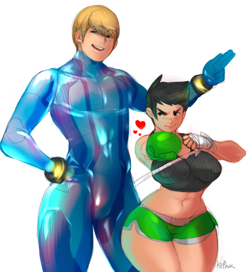 1boy 1girls areola_bulge big_breasts big_hips black_hair blonde_hair blue_eyes bodysuit boxing_gloves breasts brown_eyes bulge crossover female furrowed_brow genderswap_(ftm) genderswap_(mtf) hand_wraps heart huge_hips keppok large_areolae large_breasts light-skinned_male light_skin little_mac looking_at_another metroid mouth_open muscular_female muscular_male nintendo nipples_bulge pecs punch_out rule_63 samus_aran short_hair short_shorts shorts size_difference skin_tight smile smiling sports_bra tan-skinned_female tanned_skin thick_thighs zero_suit_samus