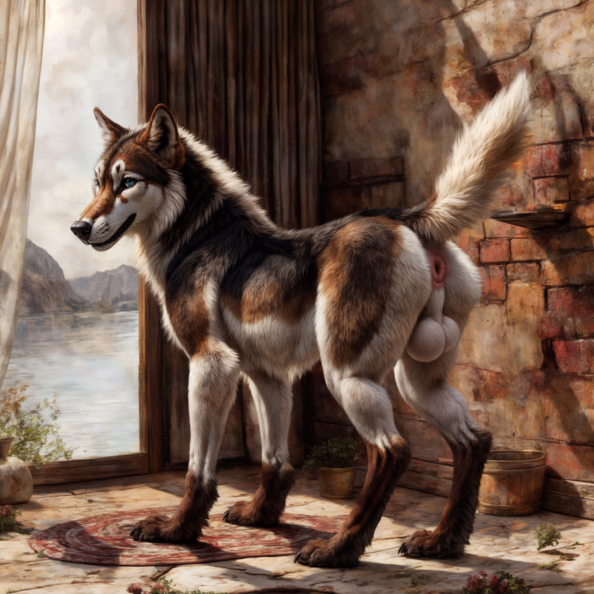 absurd_res ai_generated anus balls big_balls black_body black_fur black_nose blp blue_eyes brown_body brown_fur canid canine canis cheek_tuft day detailed detailed_background detailed_fur facial_tuft feral flower fur genitals glistening glistening_eyes hi_res inner_ear_fluff inside leg_markings light lighting male mammal markings mouth_closed multicolored_body multicolored_fur perineum pink_anus plant plant_pot potted_plant puffy_anus raised_tail rug socks_(marking) solo standing sunlight three-quarter_view tuft wall_(structure) water whisker_spots whiskers white_balls white_body white_fur white_perineum window wolf