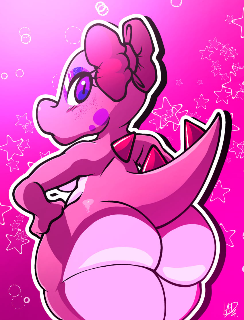 2d 2d_(artwork) anthro artist_signature ass ass_bigger_than_head big_ass birdetta birdo bow dinosaur fat_ass freckles hand_on_hip hips hips_wider_than_shoulders loogi_black looking_at_viewer looking_back mario_(series) pink_body tail thick_ass thick_thighs thighs_bigger_than_head