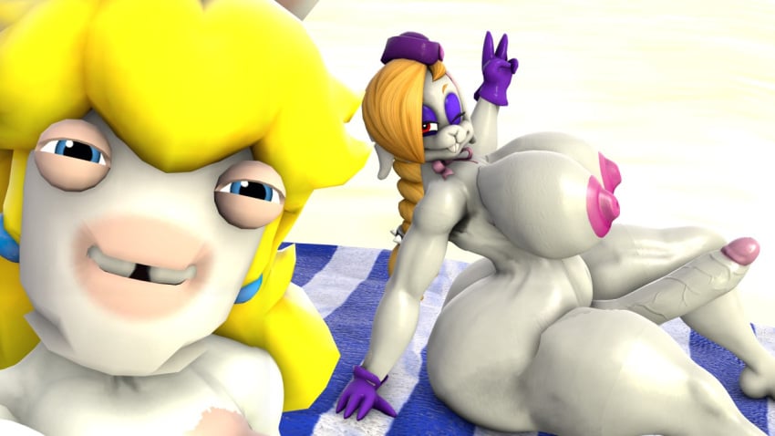 3d 3d_(artwork) beach big_breasts buckteeth furry futanari hariet_(mario) hyper_penis mario_(series) mario_+_rabbids mario_+_rabbids:_kingdom_battle nintendo peace_sign rabbid rabbid_peach raving_rabbids spaghettis_(artist) super_mario_odyssey thick_thighs ubisoft ugly white_fur