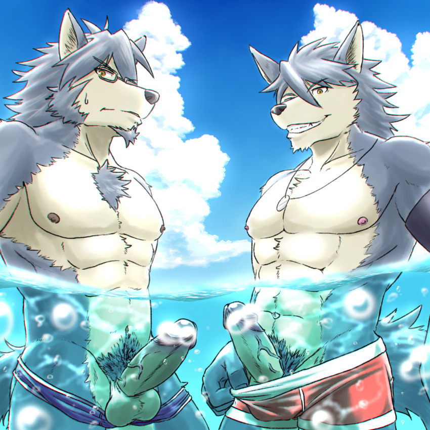 2boys abs animal_ears armband bara black_armband blue_sky chest_hair cloud cloudy_sky commentary_request convenient_censoring dog_boy dog_ears dog_tail erection facial_hair furry furry_male goatee highres jewelry kouya_aotsuki male_focus male_swimwear mitsuhisa_aotsuki morenatsu multiple_boys necklace nipples oerba_yun_fang partially_submerged partially_underwater_shot pectorals penis pubic_hair run-aki sky smile tail testicles topless_male underwater yellow_eyes