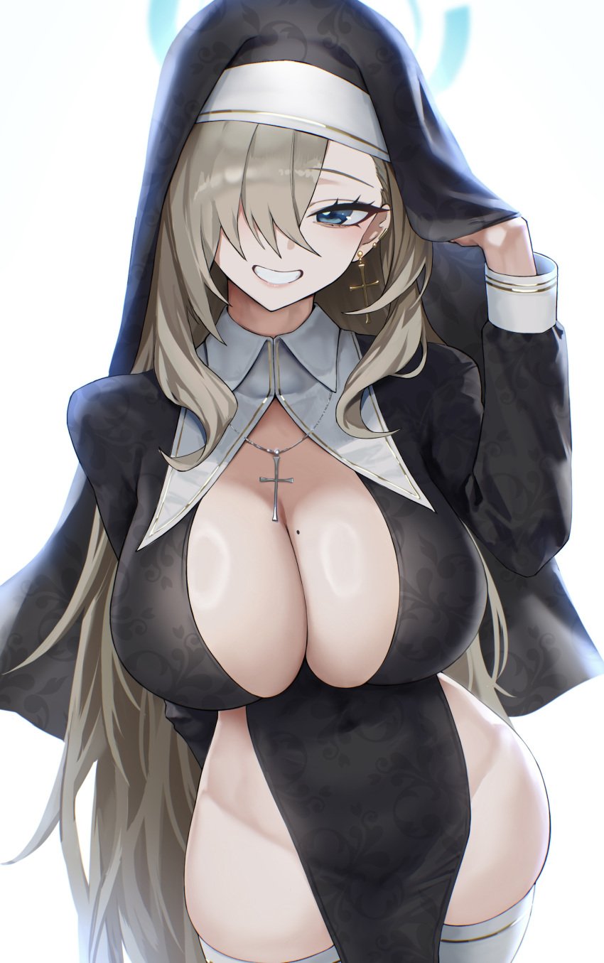 1girls asuna_(blue_archive) blonde_hair blue_archive blue_eyes breasts cleaning_&_clearing_(blue_archive) cleavage female hair_over_one_eye halo kazane-wind large_breasts light-skinned_female light_skin long_hair millennium_science_school_student nun nun's_habit nun_outfit