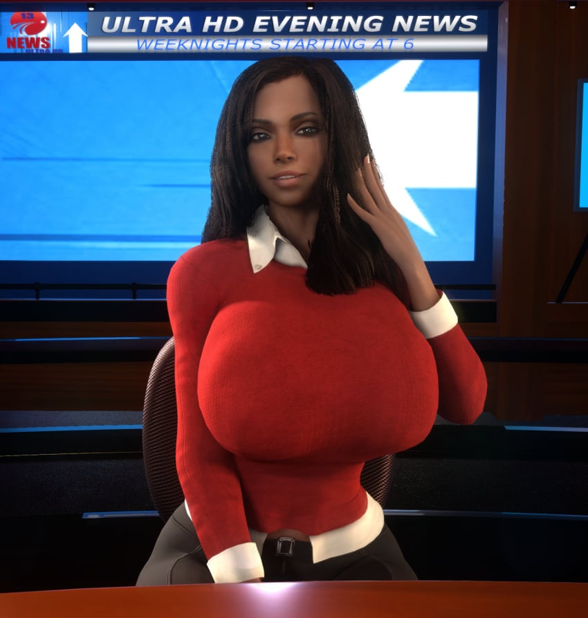 1girls 3d 3d_(artwork) alternate_breast_size alternate_hairstyle breasts_bigger_than_head clothed clothed_female dark-skinned_female female female_only female_solo gigantic_breasts hourglass_figure huge_breasts human human_female human_only long_hair looking_at_viewer news_report news_reporter newscaster resident_evil resident_evil_5 sheva_alomar slim_waist solo solo_female top_heavy vaako