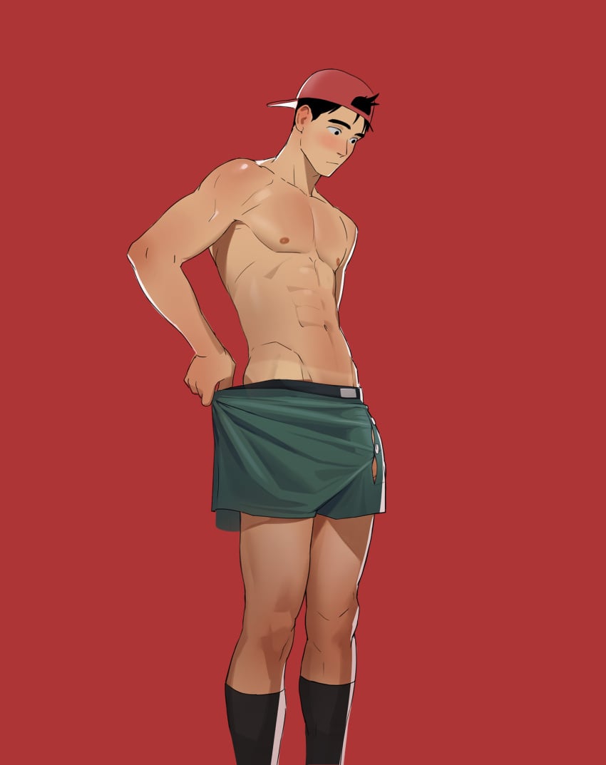 1boy backwards_baseball_cap backwards_cap bara blush bulge bulge_through_clothing male male_focus male_nipples male_only muscular_male naoki_(xhju8282) nipples no_visible_genitalia penis penis_outline socks solo_male underwear