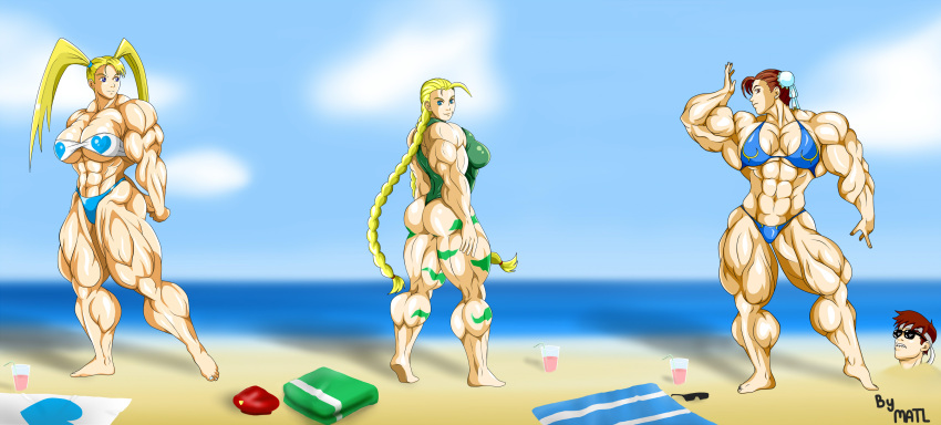 1boy 3girls abs beach biceps breasts cammy_white chun-li extreme_muscles female female_focus human male matl multiple_girls muscles muscular muscular_arms muscular_female muscular_legs muscular_thighs pecs rainbow_mika street_fighter