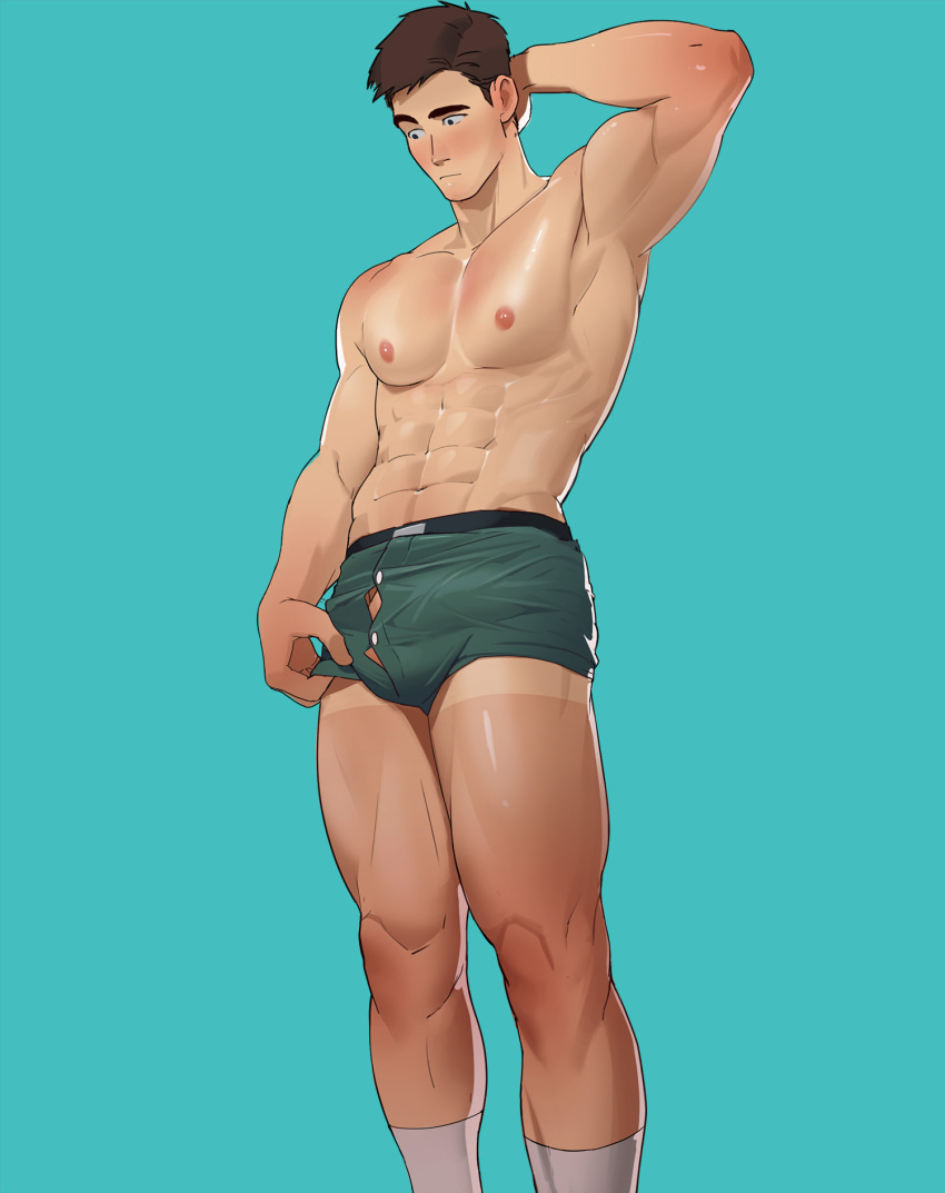 1boy balls bara big_bulge blush bulge bulge_through_clothing erection_under_clothes huge_bulge male male_focus male_nipples male_only muscular_male naoki_(xhju8282) nipples penis penis_outline solo_male underwear