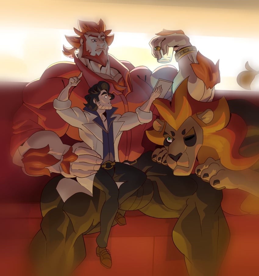 beard big_bulge big_muscles bulge clothed clothing generation_6_pokemon hairy hairy_arms hairy_chest hairy_male huge_bulge huge_muscles hyper hyper_muscles looking_down lysandre_(pokemon) macro male male male/male muscle muscles muscular muscular_male pokemon pokemon_(species) professor_sycamore pyroar sitting sitting_on_lap sitting_on_person size_difference sofa vaniwall