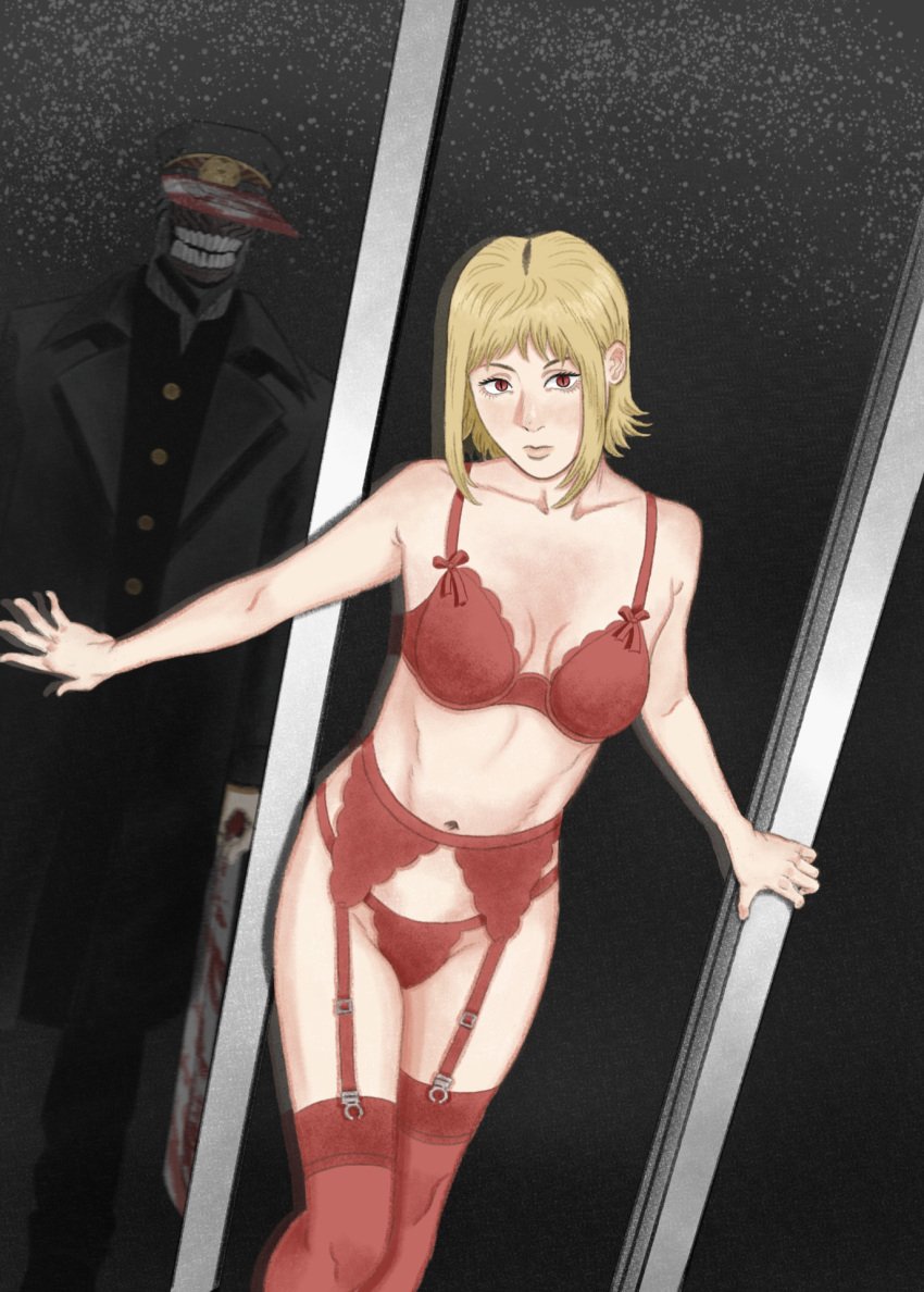 1boy 1girls blonde_hair bra chainsaw_man cybolbee dutch_angle facing_viewer garter_belt garter_straps katana_man lace_bra lace_panties lingerie lingerie_only looking_at_viewer panties red_bra red_eyes red_lingerie red_panties red_thighhighs reflection sawatari_akane seductive_look slanted_eyes small_breasts standing thighhighs