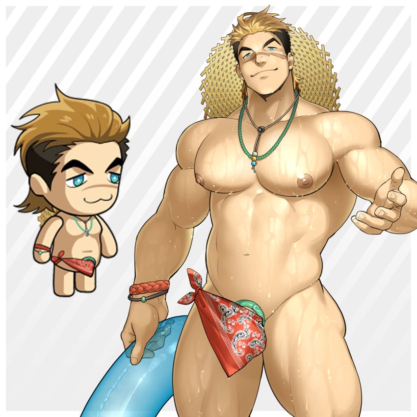 1boy :3 abs absurdres bara bardo_(kienbiu) bulge chibi cock_ring cowboy_shot ero_condo half_thong highres holding holding_swim_ring kienbiu large_pectorals male_focus male_only muscular muscular_male navel necklace_between_pecs nipples no_visible_genitalia official_alternate_costume paid_reward_available pectorals plump sex_toy short_hair simple_background smile solo standing stomach swim_ring thick_thighs thighs wet