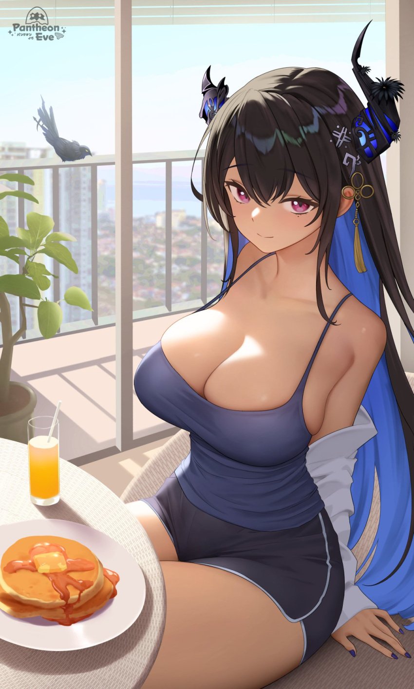 1girls asymmetrical_horns background_character balcony bare_shoulders bird black_hair black_horns black_shorts blue_camisole blue_hair blue_horns blue_nails blush booty_shorts breasts bust clavicle cleavage colored_inner_hair content_smile curved_horns day deep_blue_hair dessert detailed_background dolphin_shorts drink food glass glowing_horns hair_between_eyes hair_clips hair_ornaments hairclip hololive hololive_english hololive_english_-advent- horn horns inner_hair large_breasts long_hair looking_at_viewer mole mole_under_eye nape neck nerissa_ravencroft off_shoulder pancakes pantheon_eve pink_eyes potted_plant ridged_horns shorts sideboob sitting slight_smile soft_breasts solo straight_hair sweatshirt terrace two_tone_hair virtual_youtuber white_shirt window