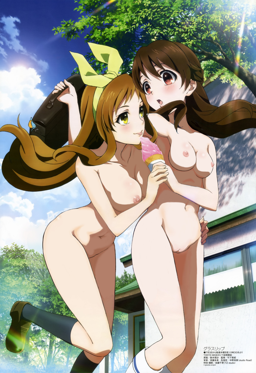 2girls absurd_res absurdres areolae bow breasts brown_eyes brown_hair cloud collarbone female food fukami_touko glasslip hairband hairbow hi_res highres ice_cream legs long_hair multiple_girls naked navel nipples nude nude_female nude_filter open_mouth public_nudity pussy sky socks takayama_yanagi uncensored yuri