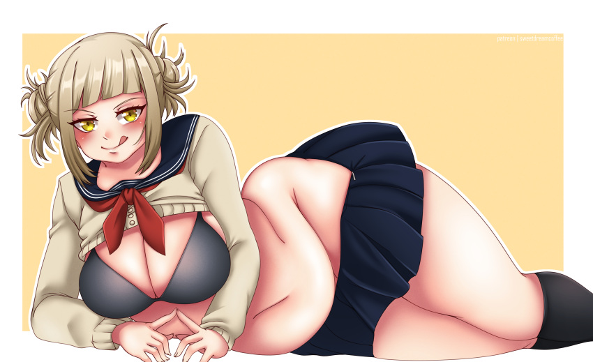 1girls 2023 blonde_hair bra breasts chubby chubby_female clothing double_bun female female_focus hi_res high_resolution highres himiko_toga laying_on_side licking_lips looking_at_viewer my_hero_academia short_hair solo solo_female solo_focus sweetdreamcoffe thick_thighs thighs yellow_eyes