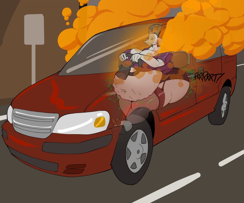 2024 anthro ass big_breasts big_butt black_bottomwear black_clothing black_skirt bluepants bodily_fluids bottomwear bovid breasts brown_hooves brown_horn caprine car clothed clothing comic detailed_background digital_drawing_(artwork) digital_media_(artwork) driving fan_character fart fart_cloud female fur goat hi_res hooves horn hyper hyper_fart legwear mammal mary_smith_(zangg) mature_female miniskirt minivan onomatopoeia orange_eyes overweight purple_clothing purple_topwear rumbling_stomach sagging_breasts sequence short_tail skimpy skirt smaller_version_at_source solo sound_effects story story_at_source story_in_description sweat sweatdrop tail text thick_thighs topwear translucent vehicle white_body white_fur wide_hips worried