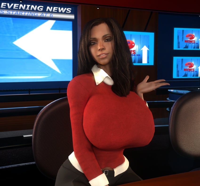 1girls 3d 3d_(artwork) alternate_breast_size alternate_hairstyle breasts_bigger_than_head clothed clothed_female dark-skinned_female female female_only female_solo gigantic_breasts hourglass_figure huge_breasts human human_female human_only long_hair looking_at_viewer news_report news_reporter newscaster resident_evil resident_evil_5 sheva_alomar slim_waist solo solo_female top_heavy vaako