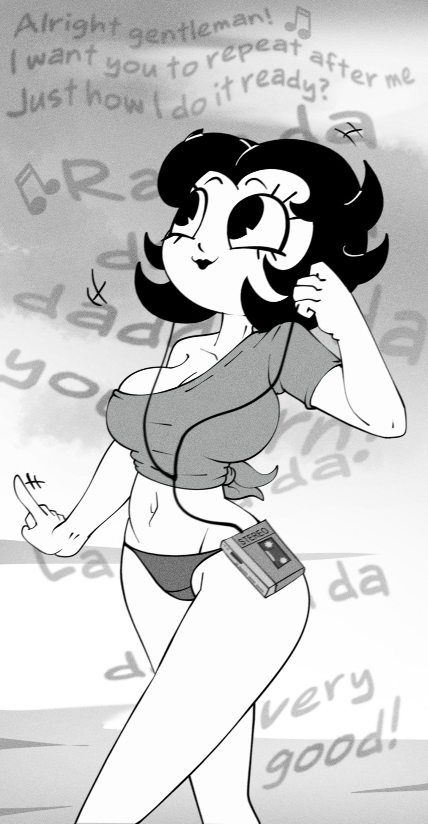 belly_button betty_boop betty_boop_(series) big_breasts black_and_white black_hair black_lipstick cartoony girl greyscale lipstick midriff rubberhose short_hair thong tobitobi90 wide_hips woman