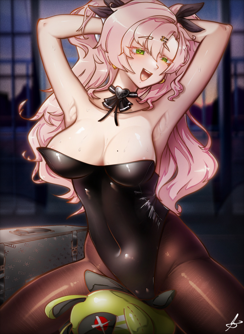 bangboo_(zenless_zone_zero) big_breasts bunnysuit green_eyes nicole_demara pink_hair ponytail sweat zenless_zone_zero